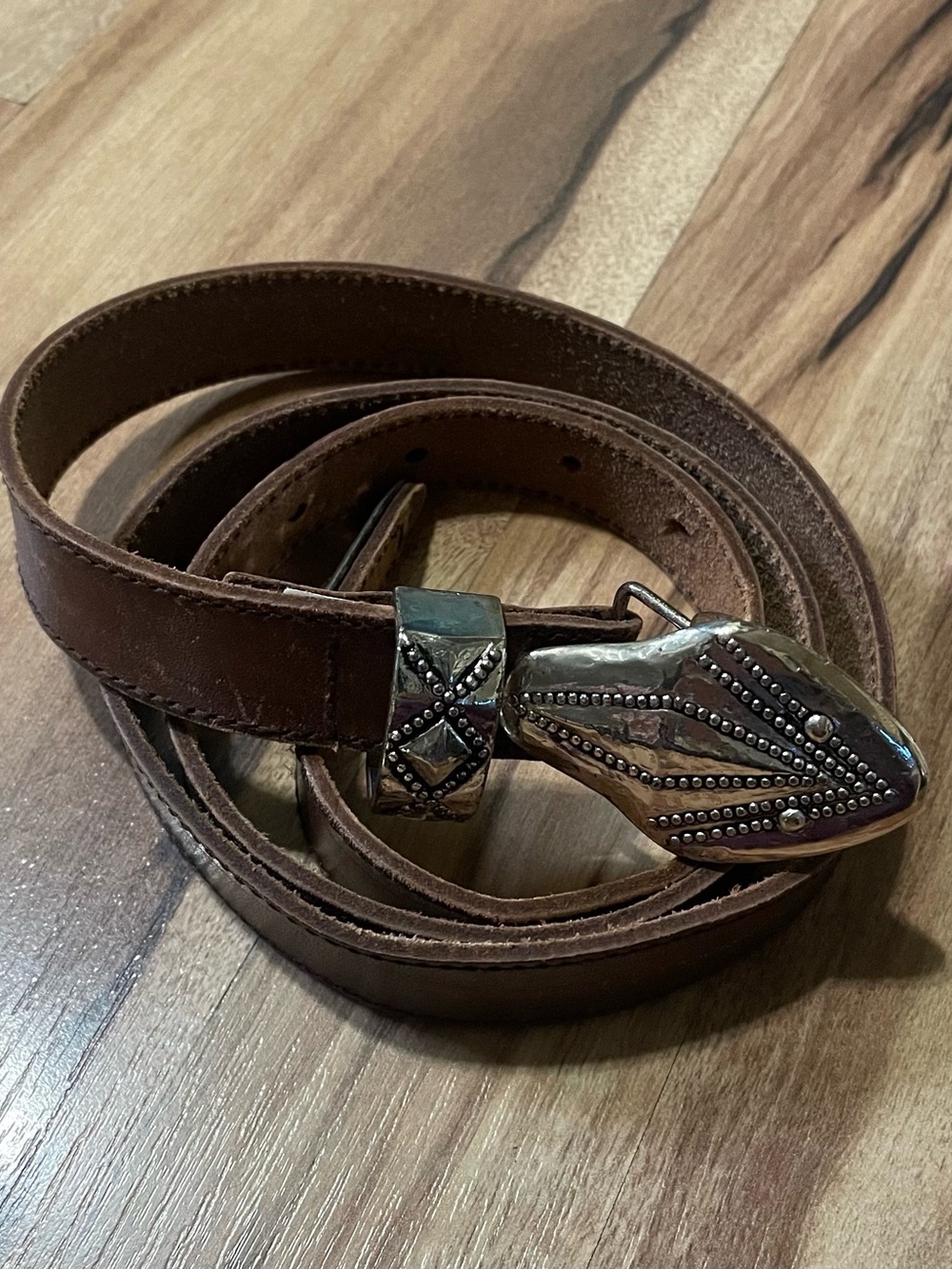 VTG 90s Brown Leather Western Ranger Belt with 3pc Beaded Silver Hardware Set